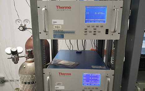Thermo Scientific continuous air monitors for CO and for NOx set up within air monitoring trailer.