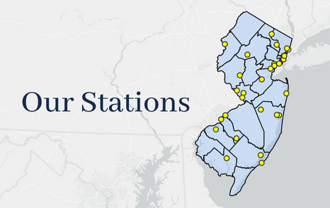 Map of New Jersey with yellow dots indicating the locations of NJDEP air monitoring stations. The text 'Our Stations' is written on the left side of the image.