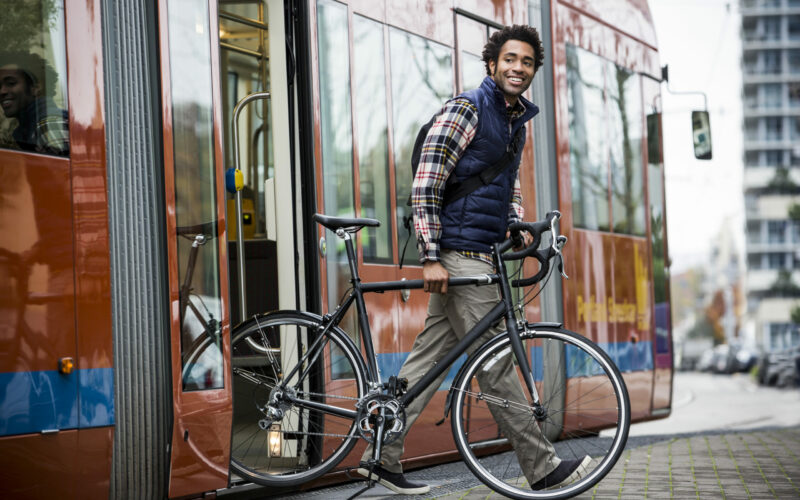 A man bike commuting.