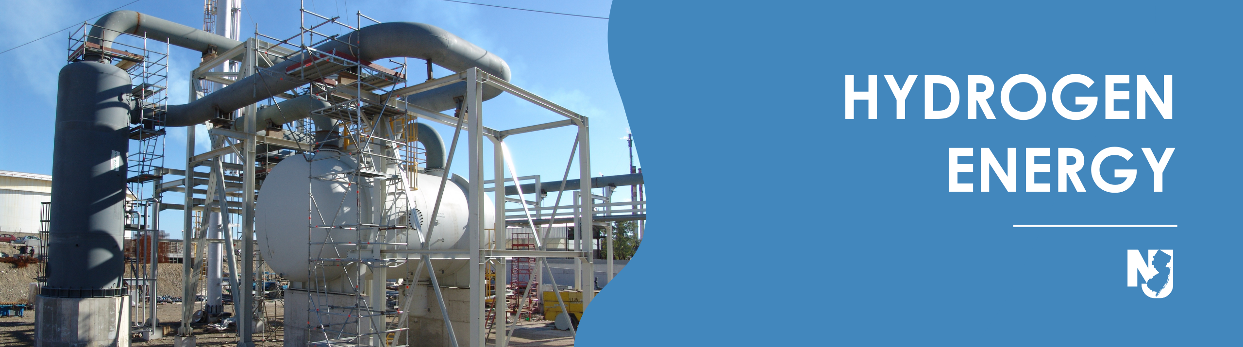 NJDEP Hydrogen Energy. Image depicting hydrogen energy process with New Jersey logo.