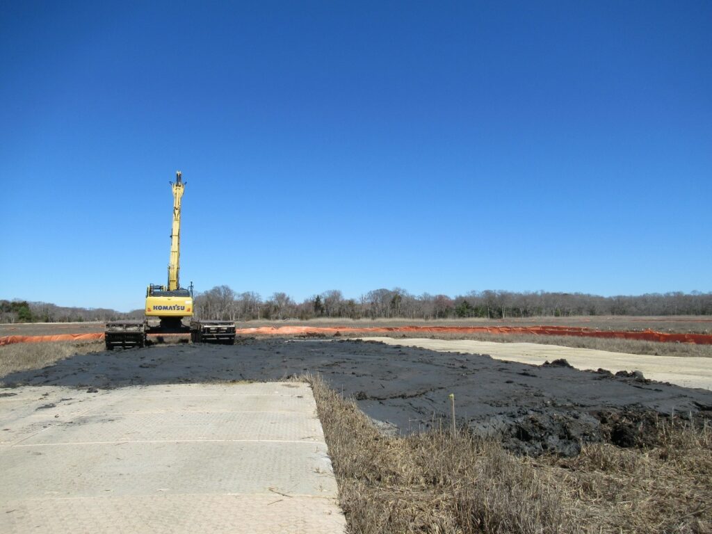 Picture3-march2025 Building a high marsh island within the marsh interior with material excavated from constructed tributaries – March 2025